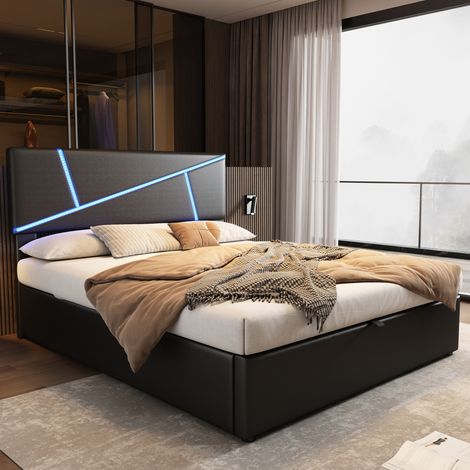 Okwish Lit rembourré 140x200 cm, avec LED, PU noir (Sans matelas) (1/5)