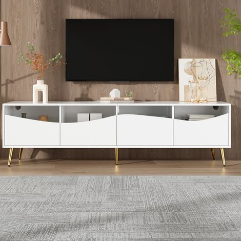 Mobile TV 180x40x50 cm bianco in MDF con vetro temperato, LED Bluetooth e contenitori (1/5)