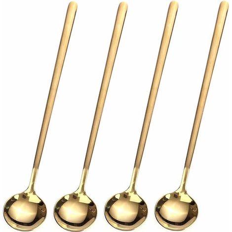 Lot de 4 cuillères à café/thé à long manche de 17 cm, dorées, pour thé glacé et expresso.