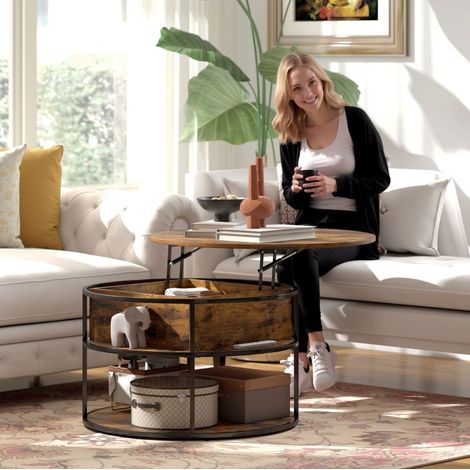 Tavolino da salotto in legno marrone Ø80 cm, regolabile in altezza, con spazio contenitore (1/5)