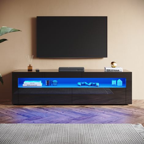 SONNI TV-Schrank mit LED-Lichtern, 2 Ausziehbaren Türen, Hochglanz Stand TV Board Geeignet für Wohnzimmer und Schlafzimmer, Schwarz, 1600 x 400 x 450 mm (1/5)