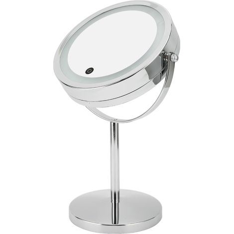 Miroir de maquillage rond à double face avec éclairage LED et loupe intégrée, idéal pour la salle de bain à domicile. (1/5)