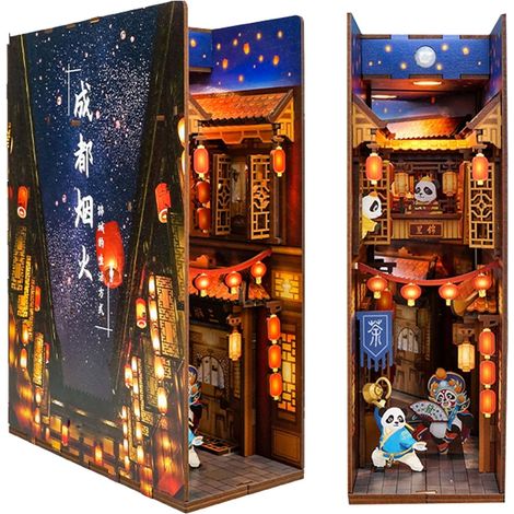 Book Nook Maquette D'assemblage en Bois Serre-Livres Bricolage Ruelle Livre Coin avec Lumière à Induction Insertions de Livres d'art Creative Bookends (Color : Chengdu Teahouse)Cadeaux de Noël pour pe (1/4)