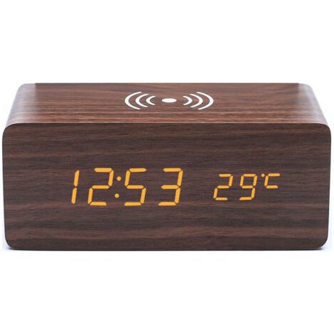 1pc Réveil en Bois brun avec Chargeur sans Fil Qi Compatible avec iPhone Samsung Horloge Numérique LED en Bois Fonction de Contrôle du Son, Affichage de l'Heure, de la Date et de la Température (1/4)