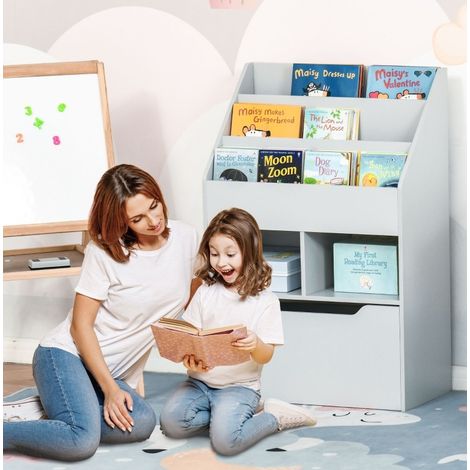 Bibliothèque enfant 60 x 29,9 x 90 cm gris – avec tiroir et anti-basculement (1/5)
