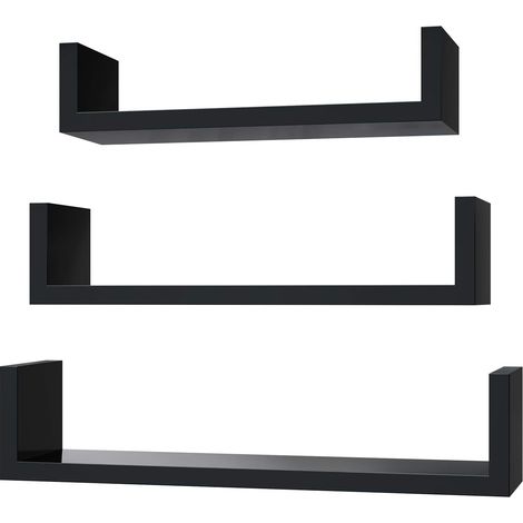 SONGMICS Muro, Set da 3, Parete, 30/35/40 cm, Mensole Decorative, Portata di 10 kg, per Soggiorno Studio Bagno Cucina, Nero Lucido LWS40BK, Legno ingegnerizzato, 10 x 30/35/40 x 7/8/9 cm (P x L x A) (1/5)