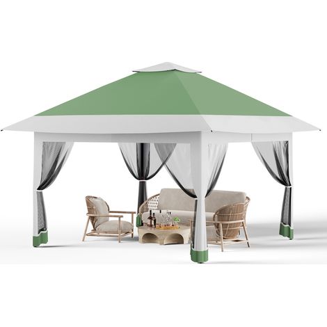 Tonnelle de jardin pliante 3,65 x 3,65 M, Pop Up Gazebo, Tente de Canopée, Moustiquaire, Rapide, 4 Sacs de Sable, Vert olive (1/5)