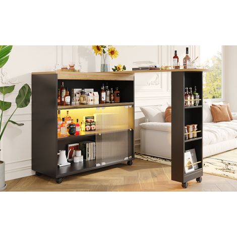 Table de bar extensible avec rangement — Table de bar mobile moderne, bar extensible avec éclairage LED, table haute/table de bistrot/îlot de cuisine — Grand espace de rangement — Noir (138–204 × 39 × (1/5)