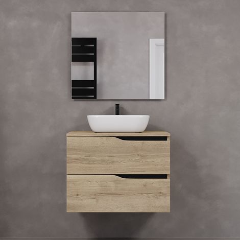 Meuble de salle de bain 80cm avec plateau et vasque à poser zeus - 2 tiroirs - madera miel (chêne clair) - LUNA (1/5)