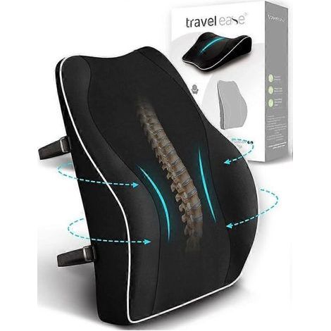 Ergonomisches Lendenkissen. Rückenlehne aus Memory-Schaum für Autositze oder Bürostühle. Mit antistatischem Bezug und doppelt verstellbaren Gurten. Schwarz.