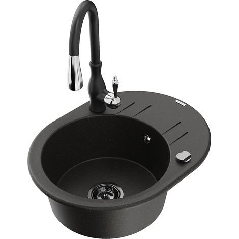 Mexen Kevin lavello in granito a 1 vasca con scolapiatti e rubinetto da cucina Savita, nero/oro metallizzato (1/5)