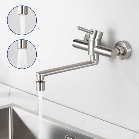 Küchenarmatur, wandmontierter Wasserhahn, Einhebel-Küchenarmatur, Küchenarmatur aus Edelstahl mit 2 Wasserausläufen, gebürstete Farbe (1/5)