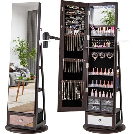 COSTWAY Armadietto Portagioielli Autoportante Girevole con Specchio, Specchio a Figura Intera Organizzatore per Gioielli, Porta Richiudibile a Chiavi, 161x39x39cm (56 x 56 x 164 cm,Marrone Scuro) (1/5)