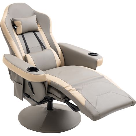 Manual Recliner Armchair PU Lear Lounge Chair w/ Adjustable Leg Rest, 135° Reclining Function, 360° Swivel, Grey (1/5)