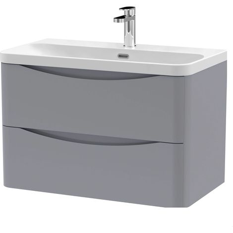 Balterley Dunwood Modern Bathroom Wall Hung 2 Drawer Vanity Unit & Ceramic Basin, Satin Grey, 800mm (1/4)