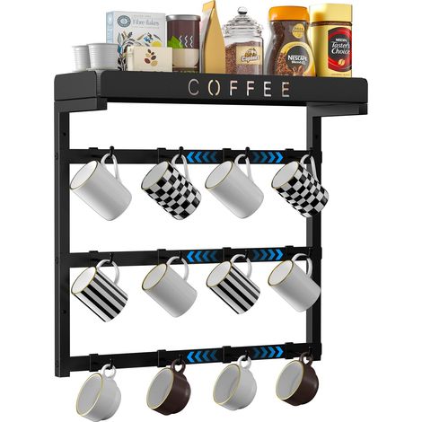 Support mural pour tasse à café en alliage d'aluminium avec 12 crochets mobiles, support de tasse à café avec étagère supérieure pour grains de café, pot à sucre, porte-tasses pour la maison (1/5)