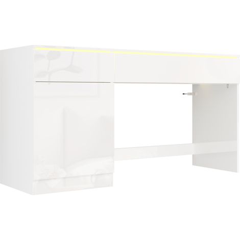 Escritorio de alto brillo 120 x 50 cm con iluminación LED, 2 cajones y 1 puerta, blanco HOMVRA (1/5)