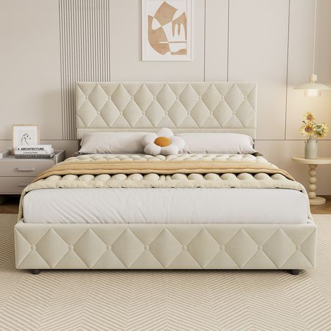 Lit 160x200 cm Rembourré Velours Beige, Design Intemporel Moderne, Structure Stable avec Lattes Bois, Capacité 250 kg - Confort Optimal (1/5)