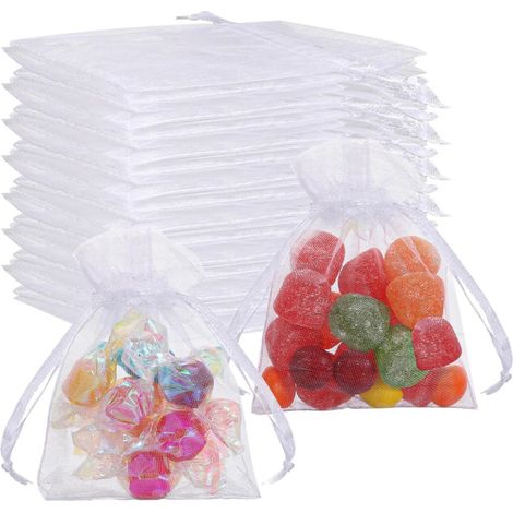 Sac Organza - 7 x 9 cm - Cordon de Fermeture - Blanc - Pour Bijoux Cadeaux Fêtes Mariages Noël - Lot de 200 (1/5)