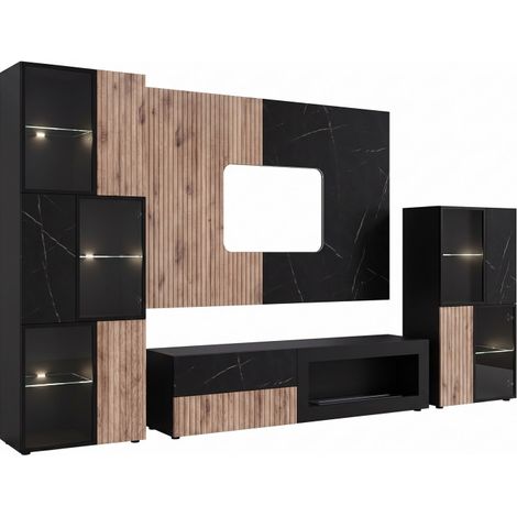 Ensemble meuble TV Cannes 2 R-K cheminée bioéthanol et vitrine LED - MDF noir, chêne Viking, marbre noir - 280 x 182 x 45 cm - Livraison gratuite (1/5)