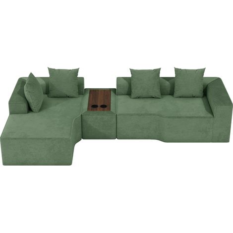 Divano angolare modulare a 3 posti a sinistra in velluto a coste compresso,con tavolino multifunzionale integrato,320x152x59cm,verde
