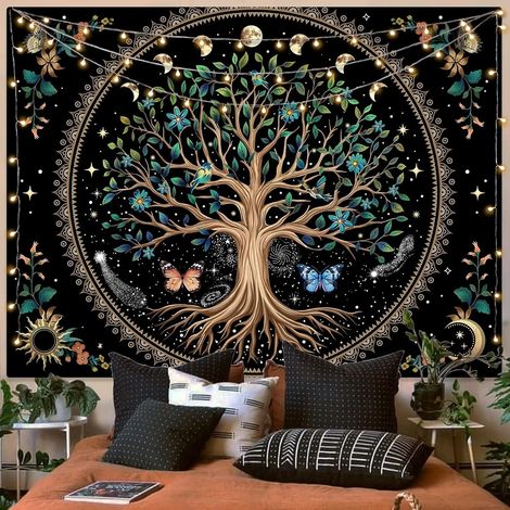 Tapisserie arbre de vie papillon lune fleur plante florale bohème pour chambre à coucher dortoir x cm 111,8 152,4 noir (1/5)