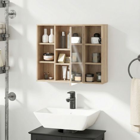 Mobiletto da bagno con specchio, armadietto con ante e 6 vani a giorno, 60 x 14,5 x 49,4 cm, legno naturale. (1/5)