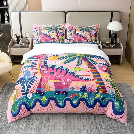 Parure de lit 100 % coton avec housse de couette de 155 x 220 cm, motif de dinosaure, plante, arbre, pour lit de dessin animé (1/5)