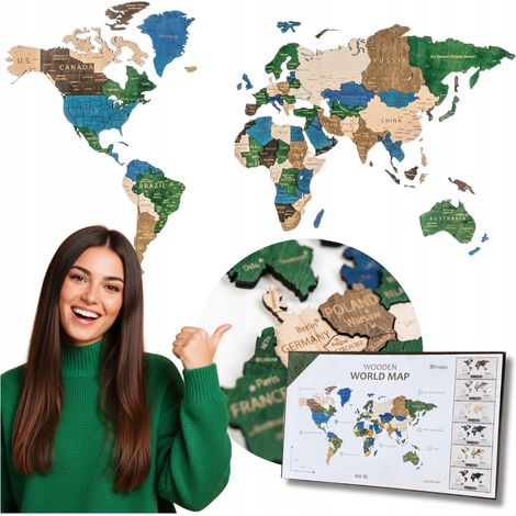 Carte du monde en bois 3D multicolore de 105 cm avec villes - Décoration murale (1/5)