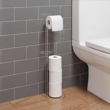 Bathroom WC Round Floor Standing Chrome Toilet Roll Holder Modern Storage Tidy (1/3)