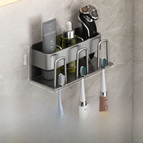 Porte-brosses à dents sans perçage gris anthracite, format familial, porte-brosses à dents électrique, porte-gobelets de bain de bouche mural, rangement pour gobelets de toilette (1/5)