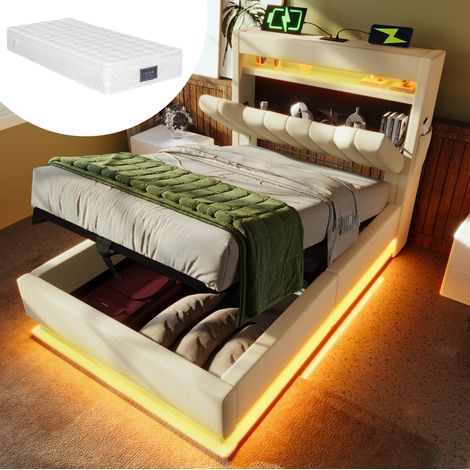 Lit simple en lin beige 90x200 cm avec matelas, LED, tête de lit avec USB-C et rangement hydraulique (1/5)