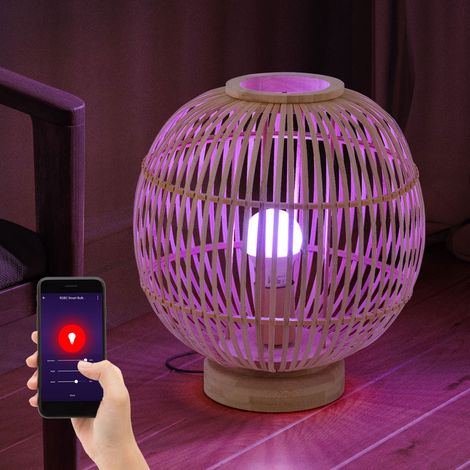 Tischleuchte Bambus Boho Leuchte Nachttischlampe Kugellampe Schlafzimmer naturfarben, Smart Home App-Sprachsteuerung CCT Timer dimmbar, 1x RGB LED, DxH 30x33,5cm
