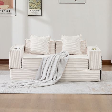 Canapé Convertible 2 Places en Velours Côtelé - 162x78x66 cm - Canapé Modulable avec Pouf, Rangement et Porte-Gobelets - Beige (1/5)