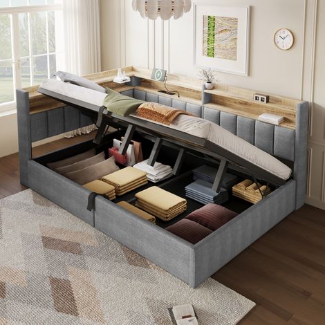 Sofá cama de 140 x 200 cm con almacenamiento hidráulico, tira LED con app, cabecero montable izquierda/derecha, USB, sin colchón, terciopelo, gris (1/5)