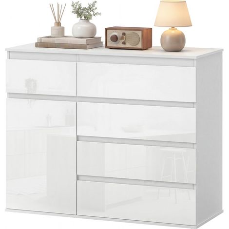 Buffet de salon Enven rangement moderne tiroirs porte étagère blanc brillant (1/5)