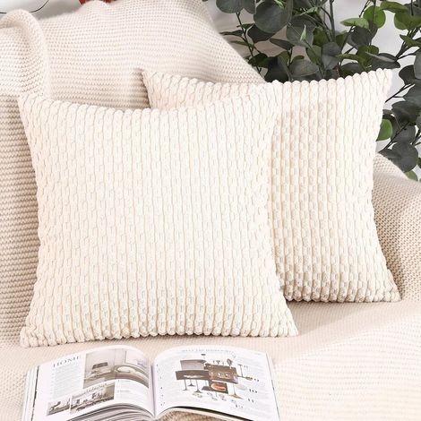 Lot de 2 housses de coussin en velours côtelé rayé Boho – Dimensions 40 x 40 cm – Tissu 100% polyester – Fermeture glissière cachée (1/5)