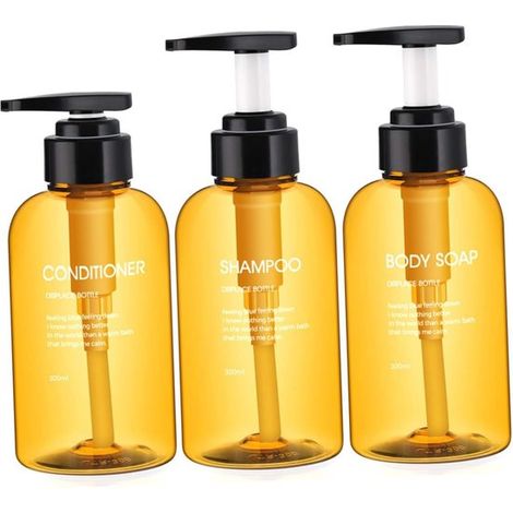 Flacons à pression - Jaune - Conviennent pour après-shampoing, gel douche et lait corporel - Diamètre 6,5 cm x Hauteur 14,5 cm - Lot de 3 - Plastique (1/5)