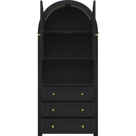 Aparador alto negro con puertas arqueadas, 3 cajones y hueco abierto, 70 x 35 x 180 cm, MDF (1/5)