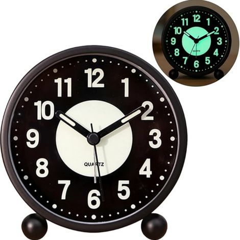 Réveil analogique rond et lumineux de 4 pouces — Horloge de table silencieuse (sans tic-tac), fonctionnant sur piles, avec alarme puissante et veilleuse — Petite horloge de bureau (1/5)