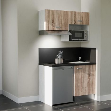 Kitchenette K02L-PT - 120 cm - plan stratifié, évier inox, - Façade Bois - Plan Noir texturé - Evier Inox - Crédences Oui + Electroménager inclus coloris Inox (1/5)