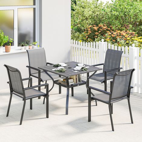 Ensemble de jardin en acier 5 pièces avec 4 chaises empilables et une table avec trou central et étagère inférieure, gris (1/5)