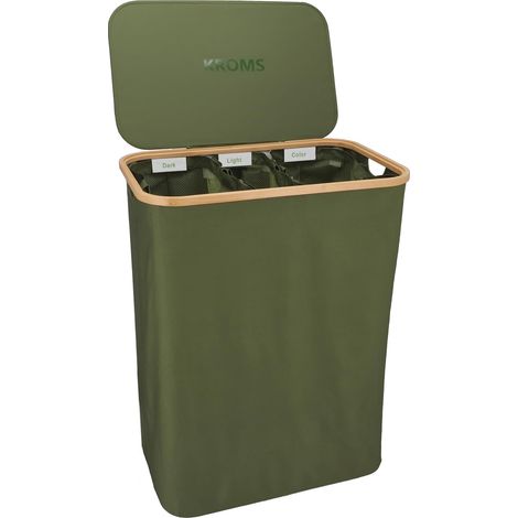 1 Panier à linge, 3 compartiments, bambou, pliable, 160L, étiquettes de tri, buanderie