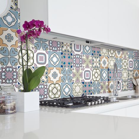 Sticker Mural Carrelage adhésif Cuisine Salle de Bain - 30 STICKERS CARREAUX DE CIMENT AZULEJOS ESTHERA - 30stickers10x10cm (1/5)