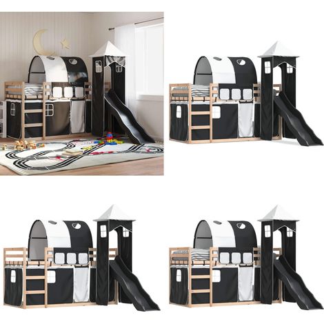 Etagenbett mit Rutsche und Gardinen Weiß und Schwarz 80x200 cm - Kinderhochbett - Holzbett - Kiefernholzbett - Etagenbett - Hochbett Mit Rutsche - Home & Living