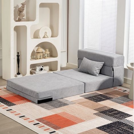 Silla multifuncional convertible en sofá de suelo, chaise longue o colchón, con espuma y color gris claro (1/5)