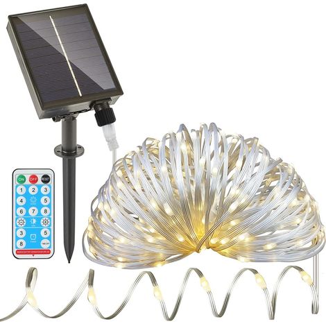 Guirlande lumineuse solaire d'extérieur - Câble PVC robuste de 32 m (104,9 pi), 300 LED, 8 fonctions par télécommande, étanche, blanc chaud (1/3)