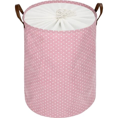 Runder Wäschekorb faltbar 61cm mit Tunnelzug und Ledergriffen Rosa XL (1/5)