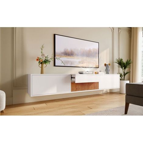 Meuble TV 180x30x30 support projecteur escamotable rangement installation murale ou sur pied design bicolore bois clair (1/4)