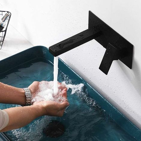 AMXCNOY ZVD Wandmontierte Mischbatterie für Waschtisch mit Wasserfallauslauf, extra breite Einbauarmatur, Einhebelmischer für Waschtisch und Badewanne (Schwarz) (1/5)